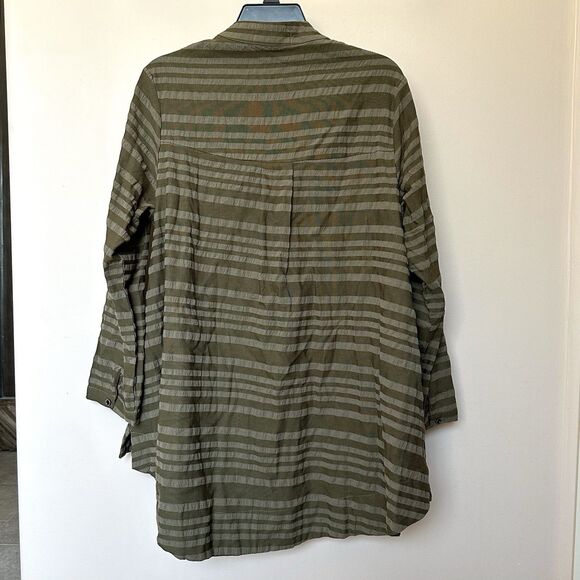 Mordenmiss Tunic Top Lg Green Striped Button Up Long Line Lagen - Picture 3 of 6